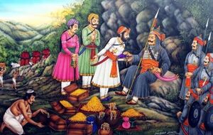 Bhāmāshāh, a rich merchant of Mewār, also came to Mahārāṇā Pratāp and donated his entire wealth.jpg